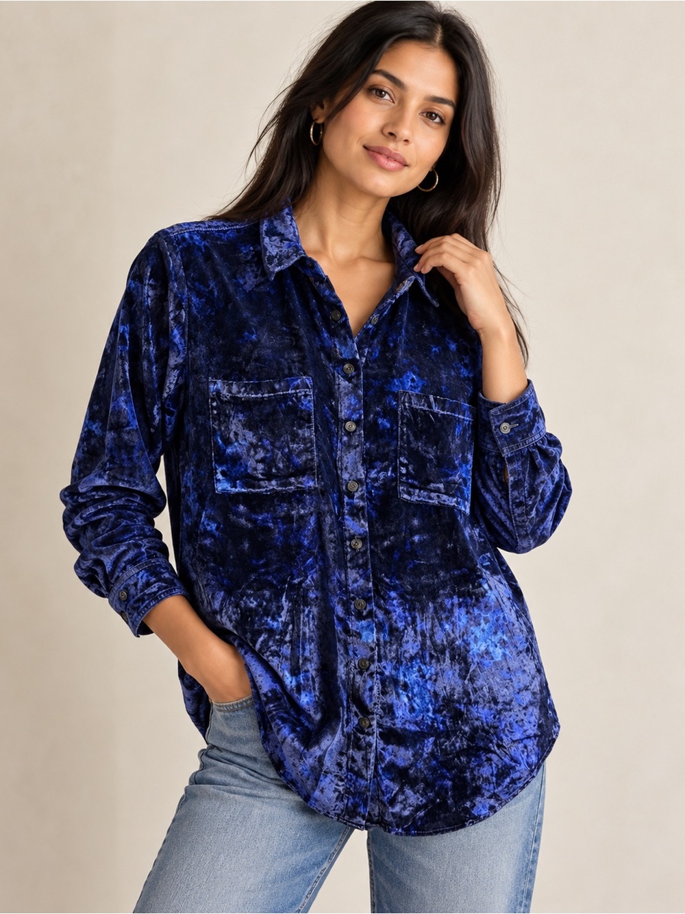 Pilcro Anthropologie Blue Velvet Button Down Shirt Blouse Size 0